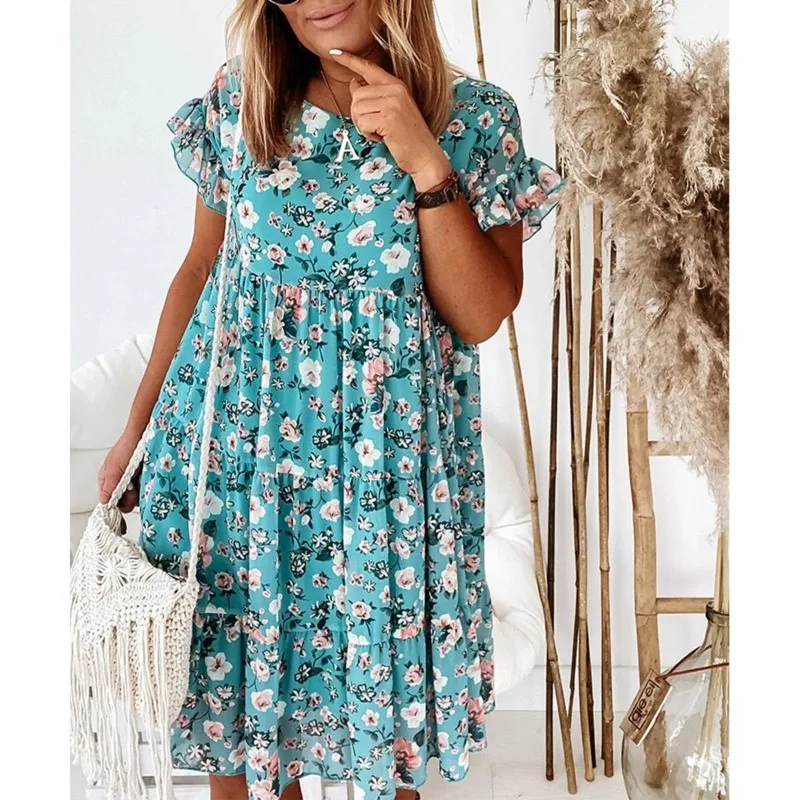 Zomer geplooide vrouwen chiffon jurken casual strand vakantie korte mouw vierkante kraag vrouw midi-jurk bohemien mujer vestidos