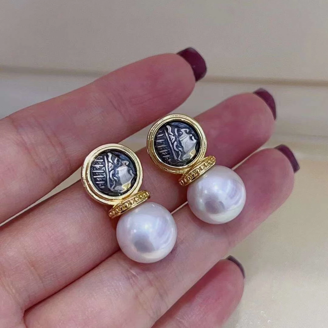 N S925 Pure Silver Earrings Vintage Coins Earrings 10-11mm Natural Fresh Water Pearl Earrings Are Temperament Beauty