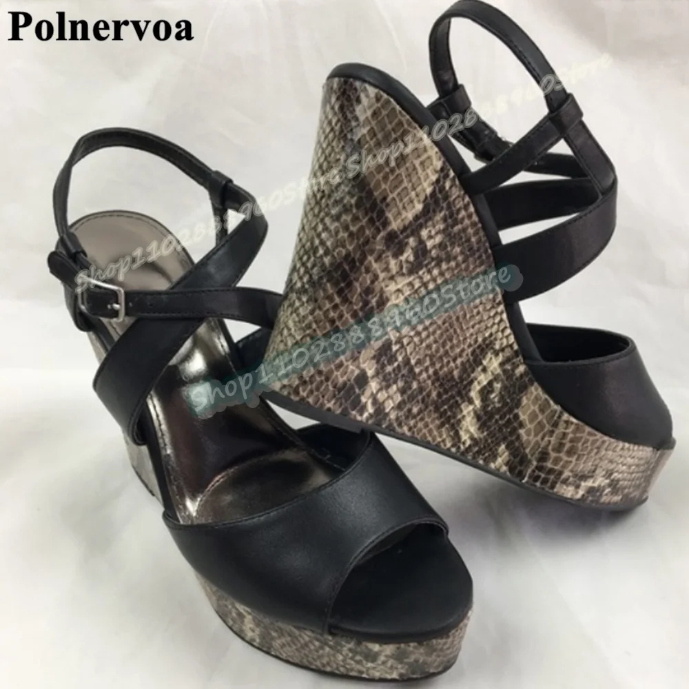 

Casual Black Leather Python Platform Sandals Wedges High Heel Shoes For Women Ankle Buckle Strap Peep Toe Stylish Party Sandals