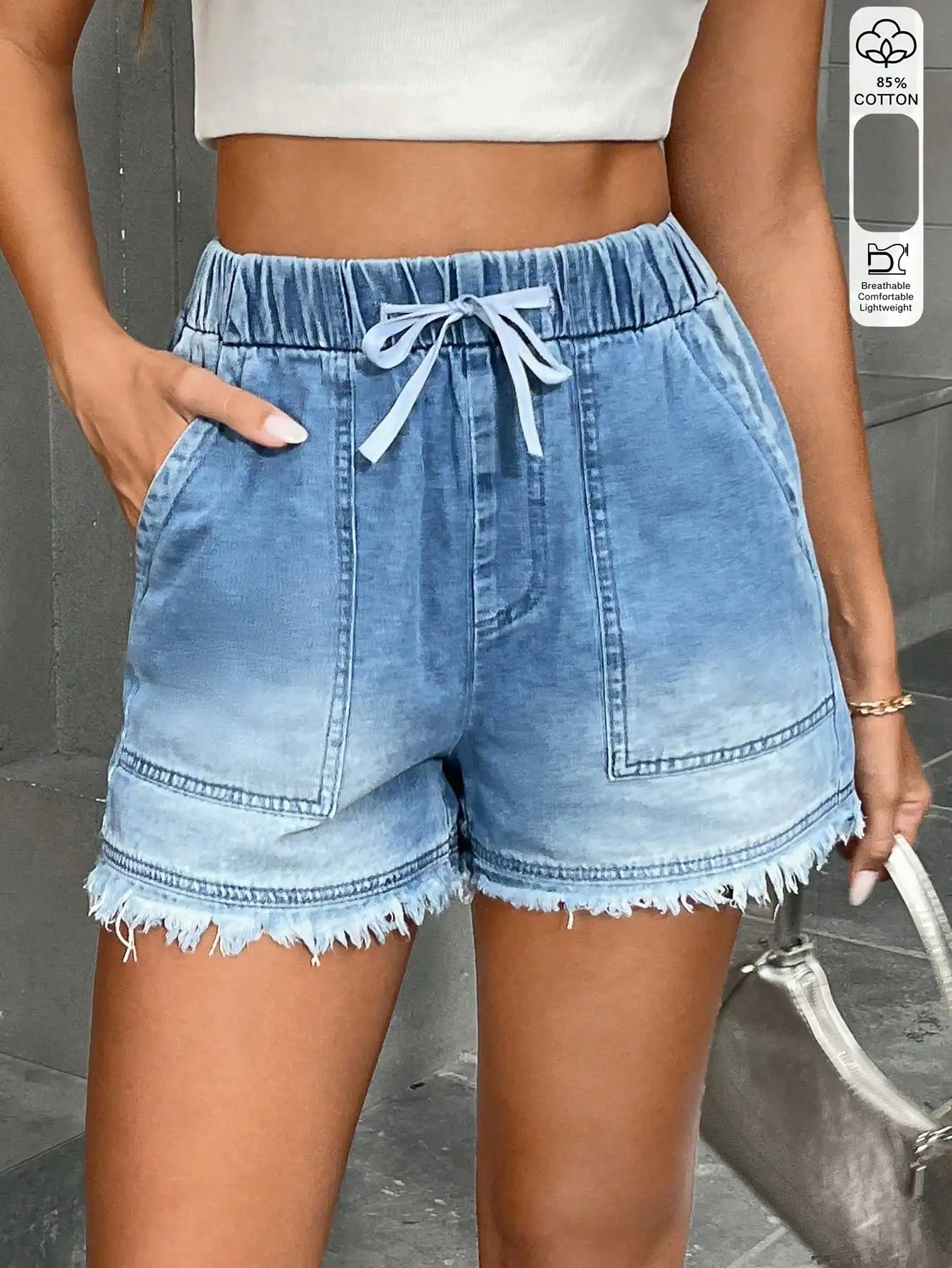 

Women's Casual Loose Drawstring Denim Shorts, Lightweight Summer Beach Travel Pants, Fitted Plain Design for Daily Wear