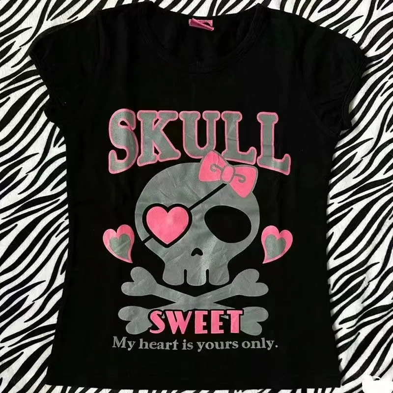 

Sweet Skull Letter Print T Shirts Balck Short-sleeved Casaul Cool Gothic Grunge Punk Tops Summer Women New Basic 2024 Tees