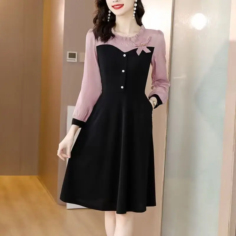 Patchwork Dress for Spring and Autumn New Covering the Belly to Show Off Thinness Over Knee Mid Length Two-piece A-line Skirt