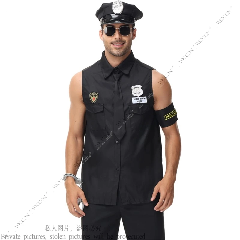 

Adult Male Police Professional Role Play Cosplay Game Costume Halloween Party Tops+Hat+Necktie+Arm Ornaments+Accessory Set