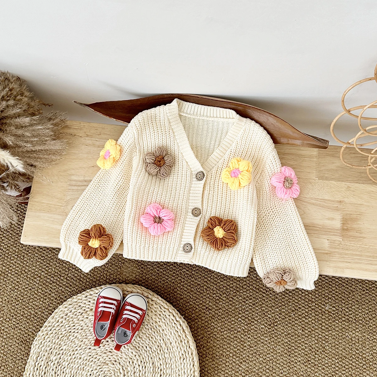 0-3Y New Girls Baby Sweaters Handmade Sweater Cardigan 3D Flower Baby Top Loose Coat Cotton Fall Winter Newborn Baby Clothes