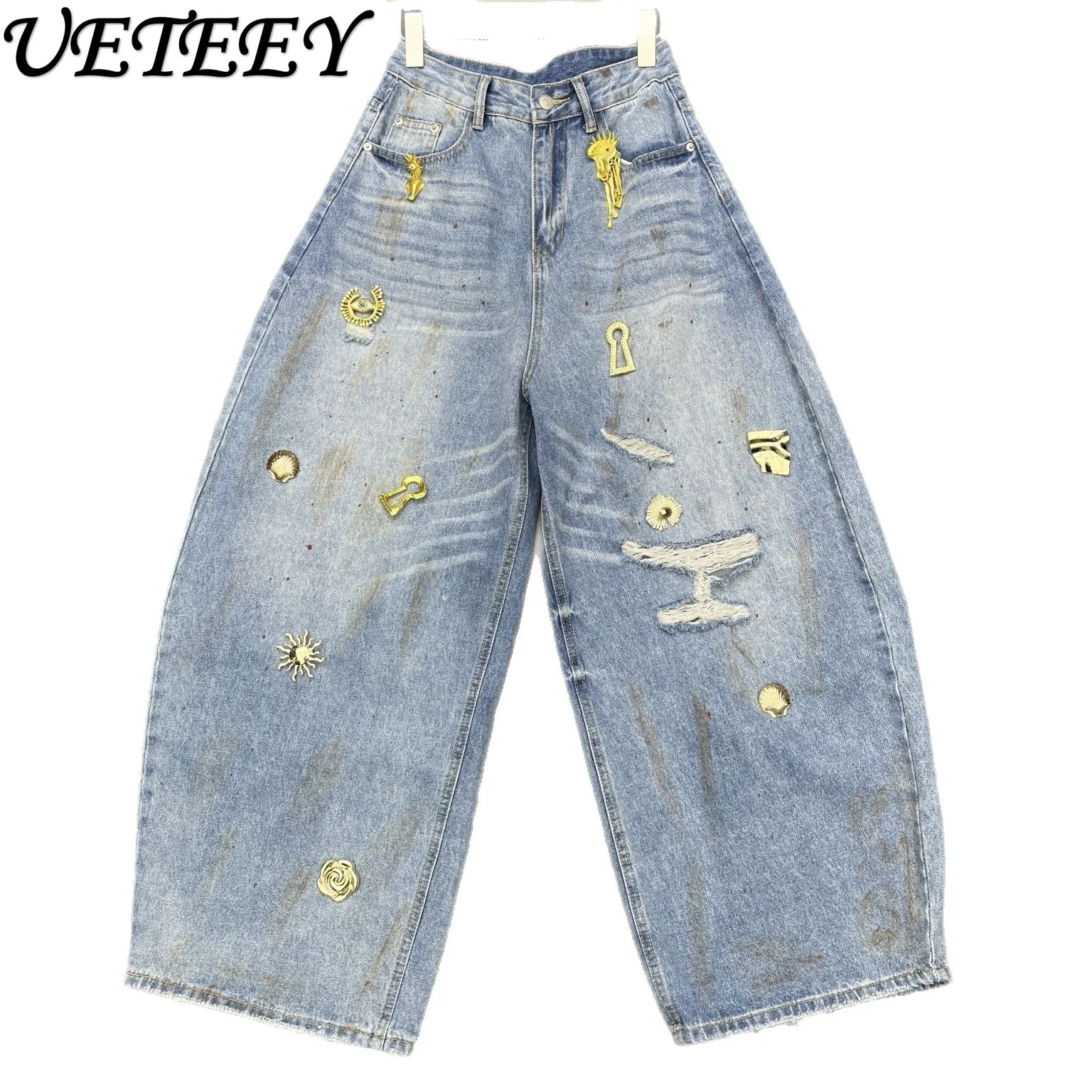 

2026 Spring New Women's Fashionable Wide-Leg Jeans Exquisite Embroidery Distressed Straight-Leg Denim Pants Trendy Long Pants