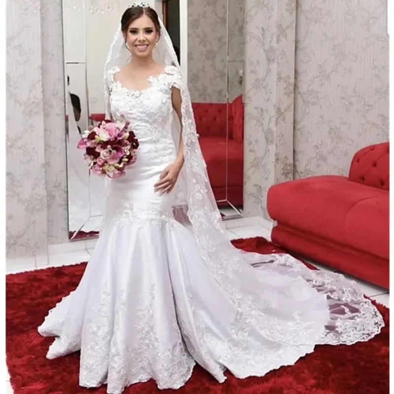 تخصيص كاب SleevesLace يزين حورية البحر فستان الزفاف Vestidos De Novia الساتان خمر فستان الزفاف البلد