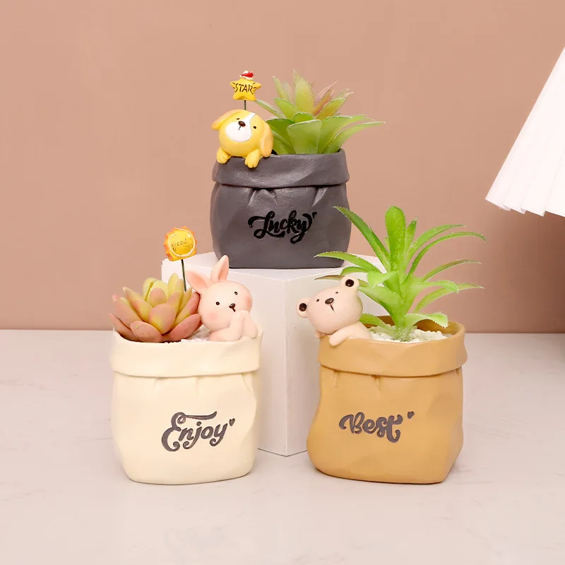 Trendy Mini Plant Container Flower Pots Garden&Tabletop Decoration Lovely Pocket Animal Dog Rabbit Design Cute Gift For Kids