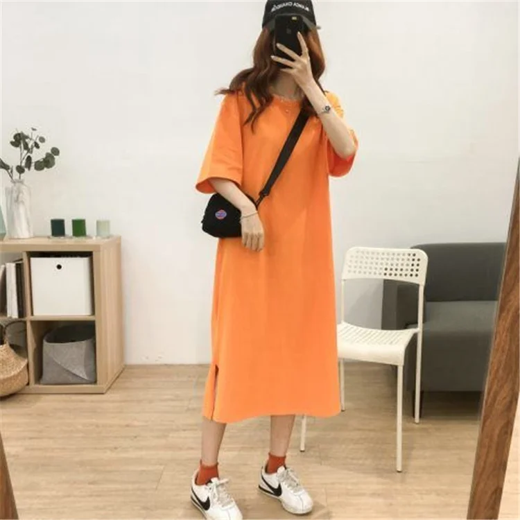 New Korean Short-sleeve Solid Color Side Cut Cotton Maxi Dresses Female Student Loose Basic Round Neck Style Long Dress
