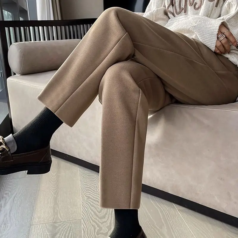 

Simplicity Autumn Women Woolen Suit Pants Solid Pockets Button Elastic High Waist Fashion Straight Thicken Ankle Length Trousers