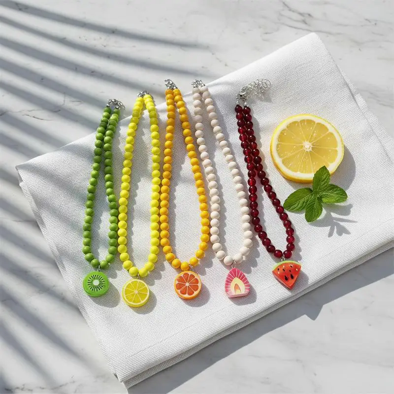 Various Fruit Pendant Necklace For Girl Women Handmade Rice Beads Bohemian Choker Watermelon Lemon Strawberry Jewelry