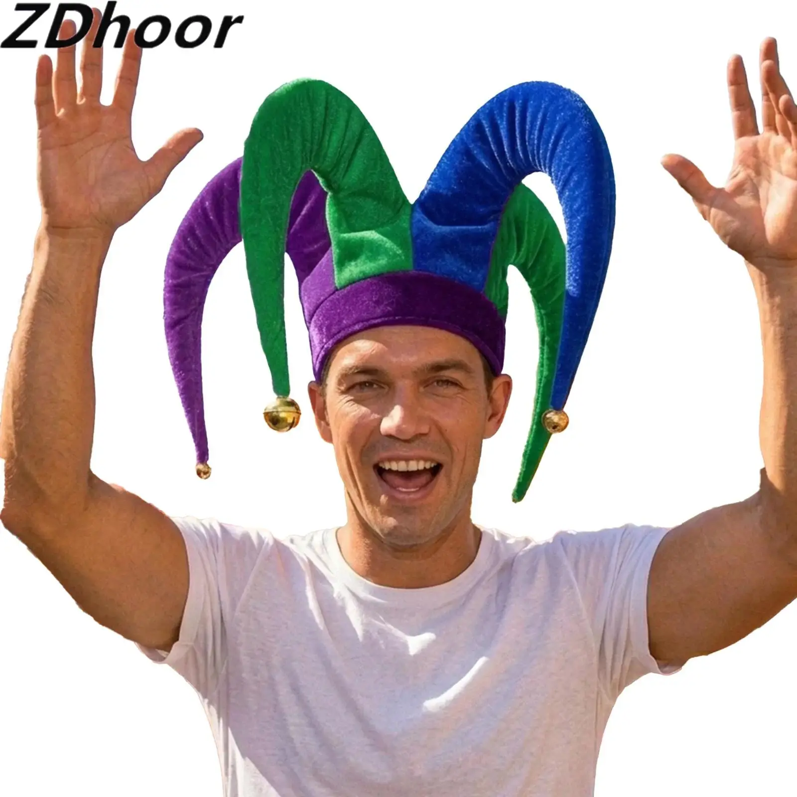 Felt Long-horn Contrast Color Brimless Clown Hat Cap with Bells for Festival Celebration Sports Events Halloween Party Cosplay