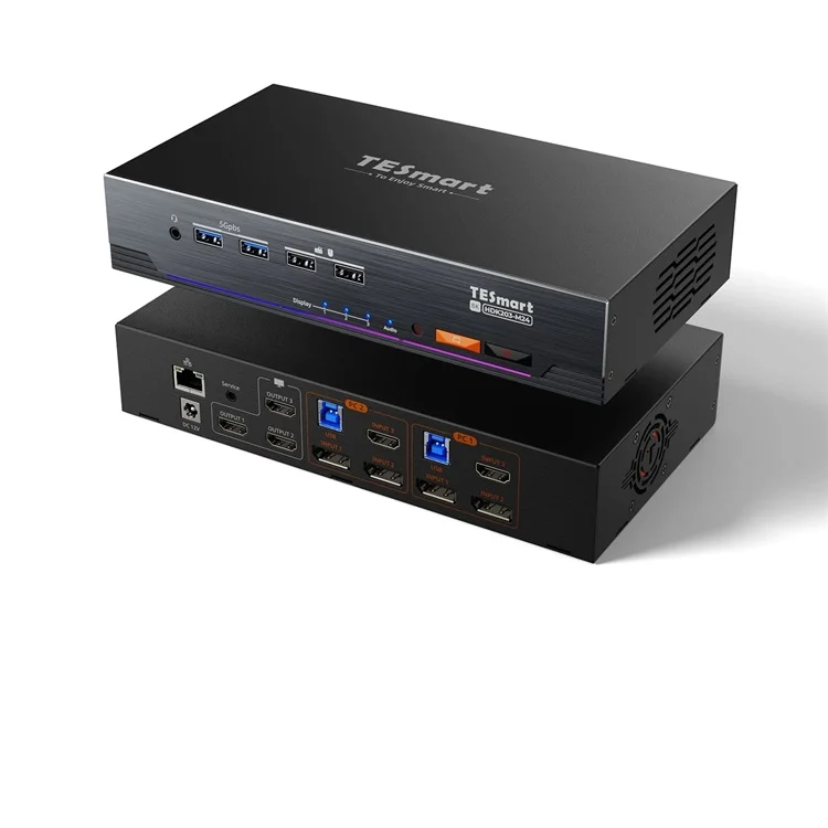 

KVM-переключатель TESmart, 3 монитора, 2 компьютера, 8K, 2 входа и 3 выхода, поддержка динамического HDR, 4 порта HDMI + DP, тройной KVM-переключатель 4K144 Гц
