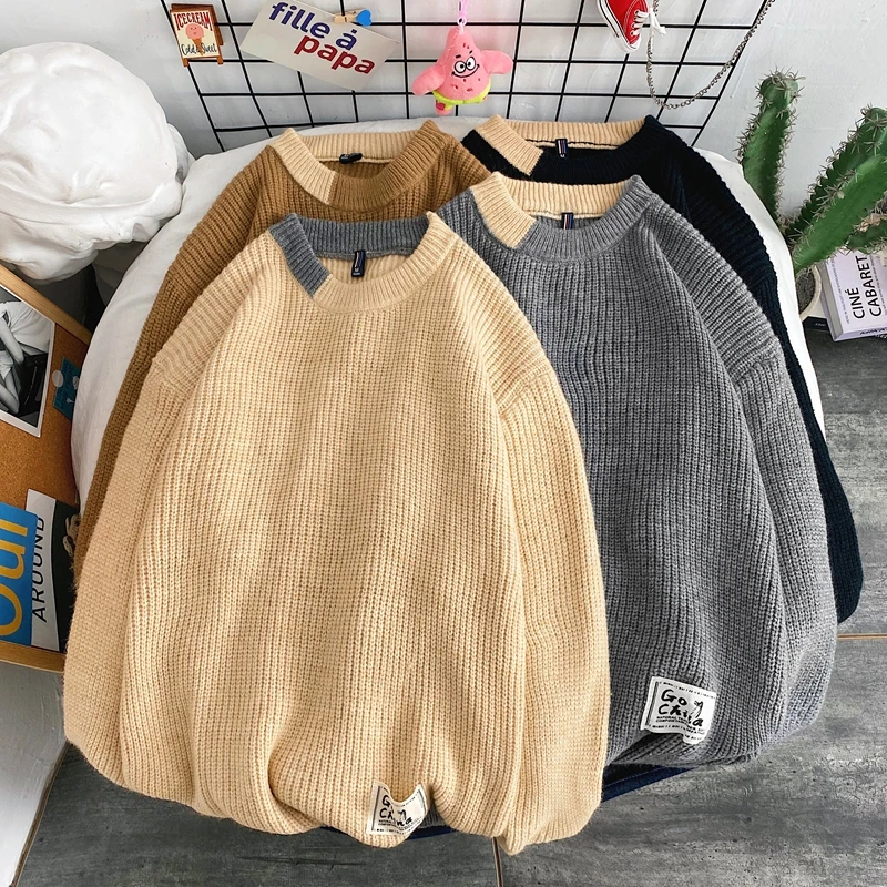 

Autumn and Winter New Men Round Collar Pullover Sweater Fashion Solid Color Thick Bottoming Shirt Harajuku Korean Male Clothes