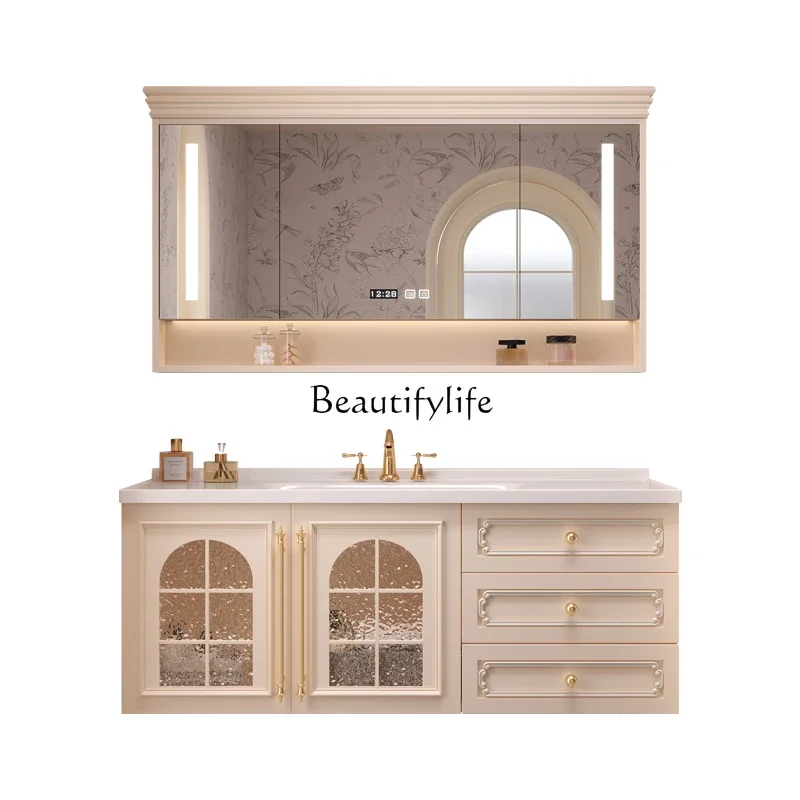 

ls 42French cream wind bathroom cabinet combination rock slab hot bending ceramic integrated basin toilet washstand
