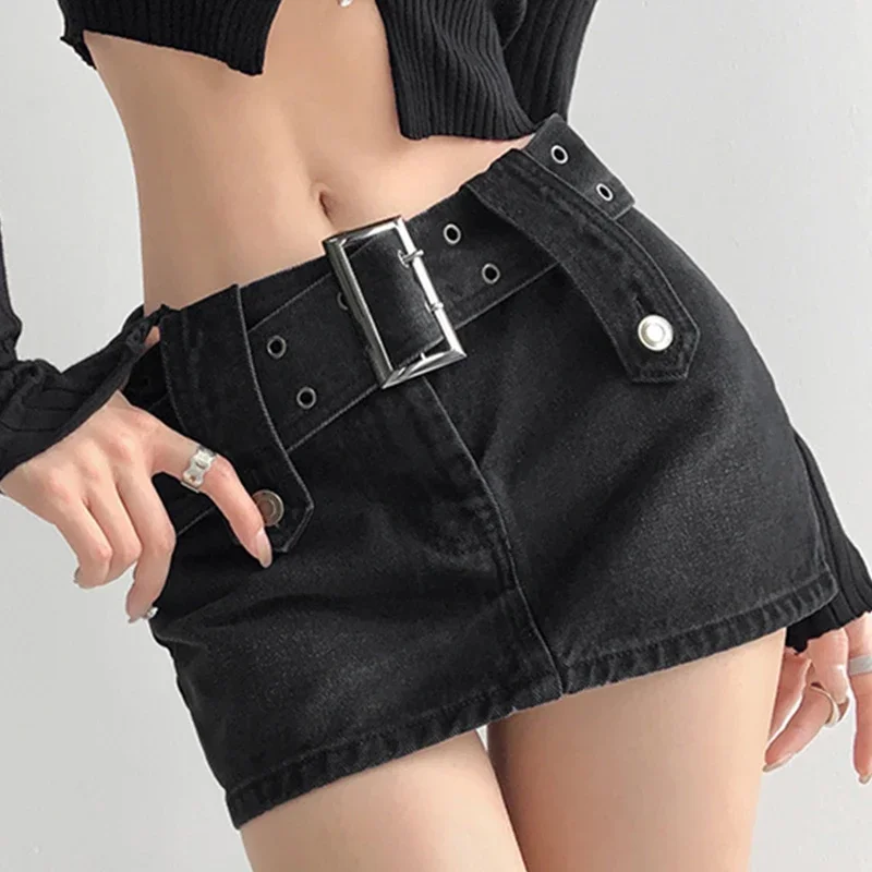 

Summer New Denim Mini Skirt Women's High Waist Wide Waistband Skirt Black Blue Y2K Style Washed Denim Skirt 2000S