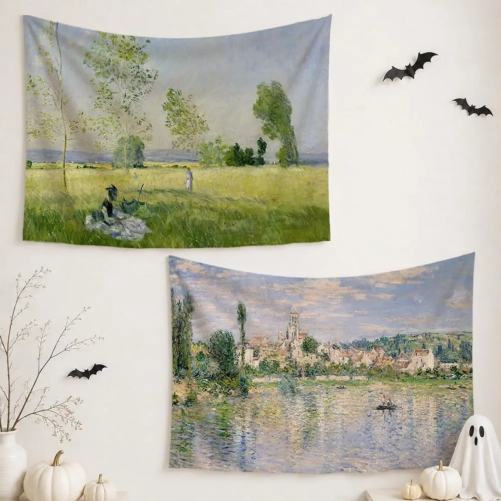 C-Claude MonetS Art Tapestry Custom Living Bedroom Party Dormitory Interior Wall Bohemian Decoration Attached Clip