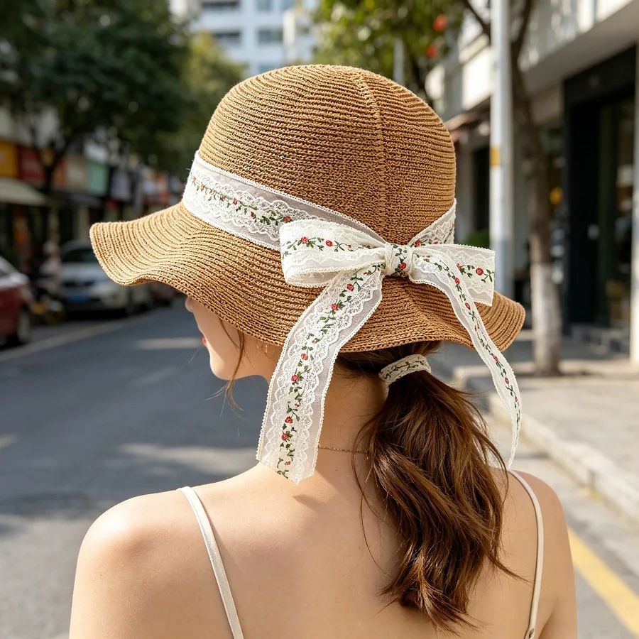 Forest-Style Lace Floral Ribbon Bow Straw Hat, Women's Summer Wide-Brimmed Sun Protection Hat, Suitable for Summer Beach Vacations, Daily Shopping, Travel, and Can Be Foldable for Storage