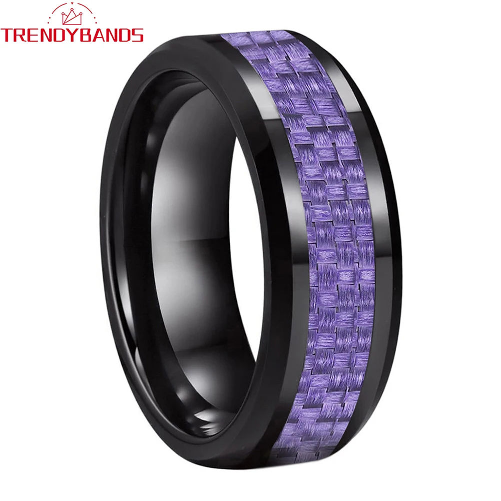 

6mm 8mm Purple Carbon Fiber Inlay Black Tungsten Ring for Men Women Beveled Edges High Poished Shiny Comfort Fit