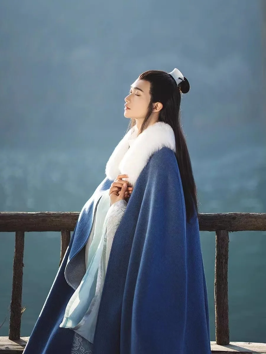 Ancient Chinese Cloak Artificial Fox Large Fur Collar Long Cloak Coat Costume Men Women Street Cosplay Cloak Hanfu Accessories