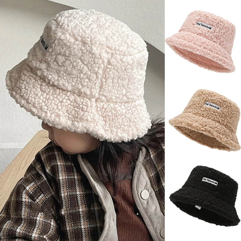 Kid Winter Warm Bucket Hat Solid Color Letter Lamb Wool Girls Boys Basin Cap Outdoor Children Casual Flat Top Fisherman Hat