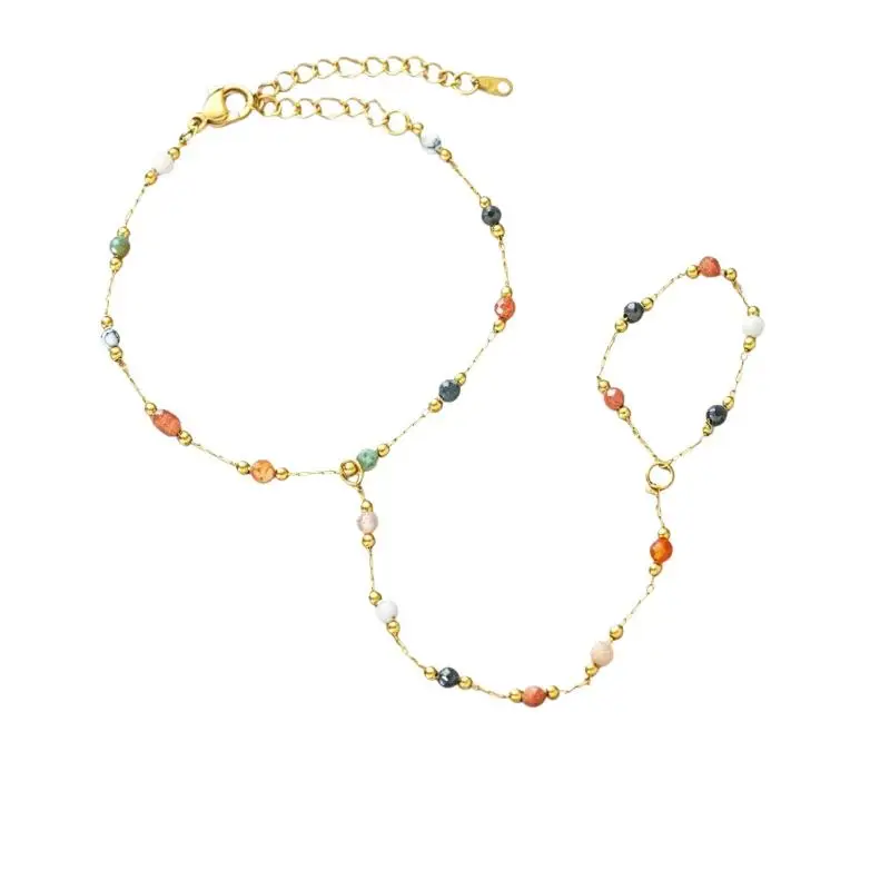 Süßes, farbenfrohes, mit Kristallperlen besetztes Blumenarmband aus Edelstahl in Goldfarbe, integrierte Finger- und Handgelenkskette für Damen, Schmuck – Detail 7