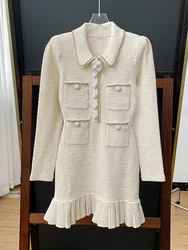 Luxury 2025 Spring Crystal Knitted Dress For Women Mermaid Fishtail Long Sleeve Short Dresses Lady Autumn Mini Vestidos Knitwear