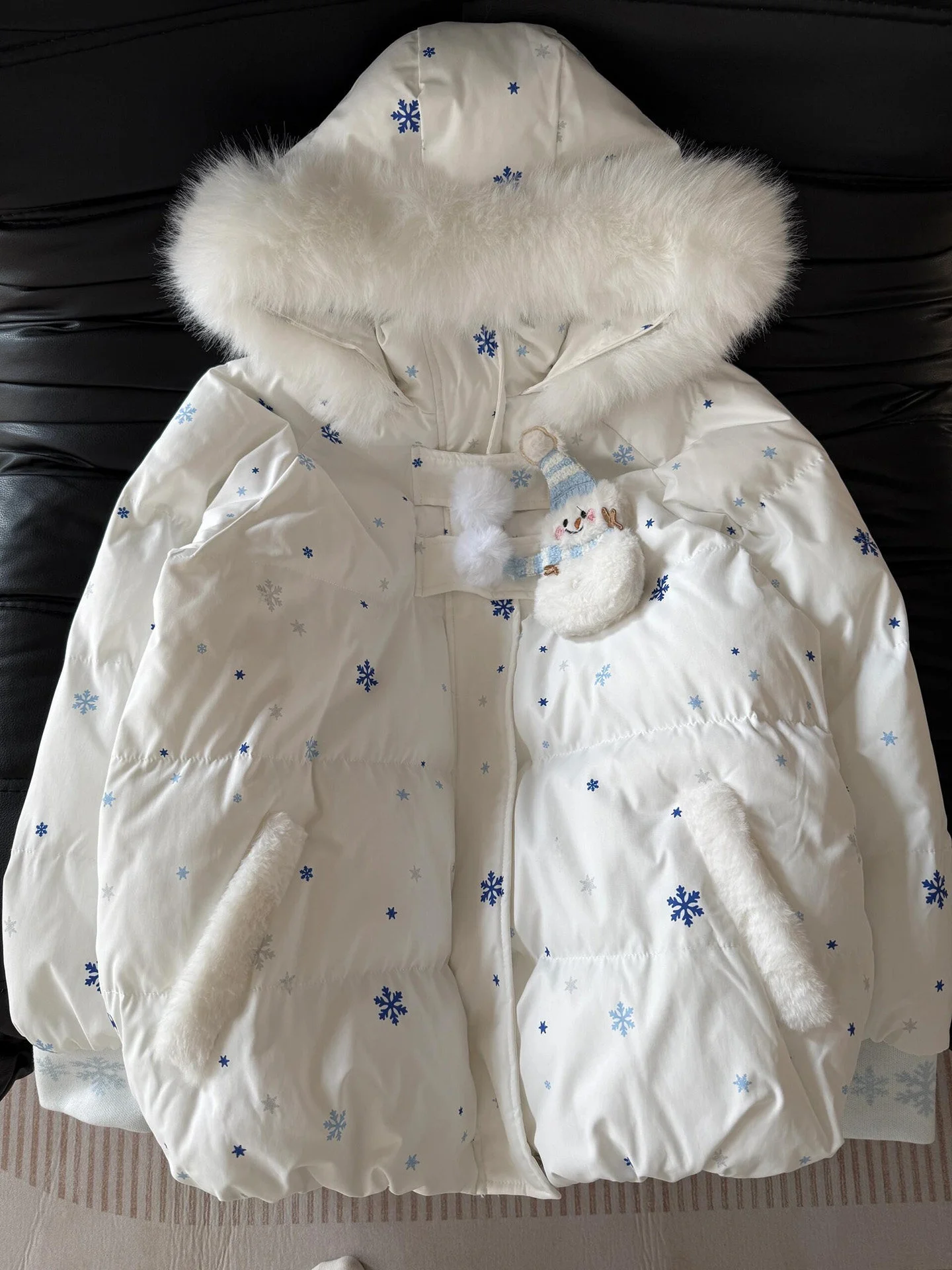 

Sweet Japanese Sle Snowman Hooded Thiened Cotton Jaet Women's Autumn Winter Coat with Fur Collar Mid-Length Zipper Closure