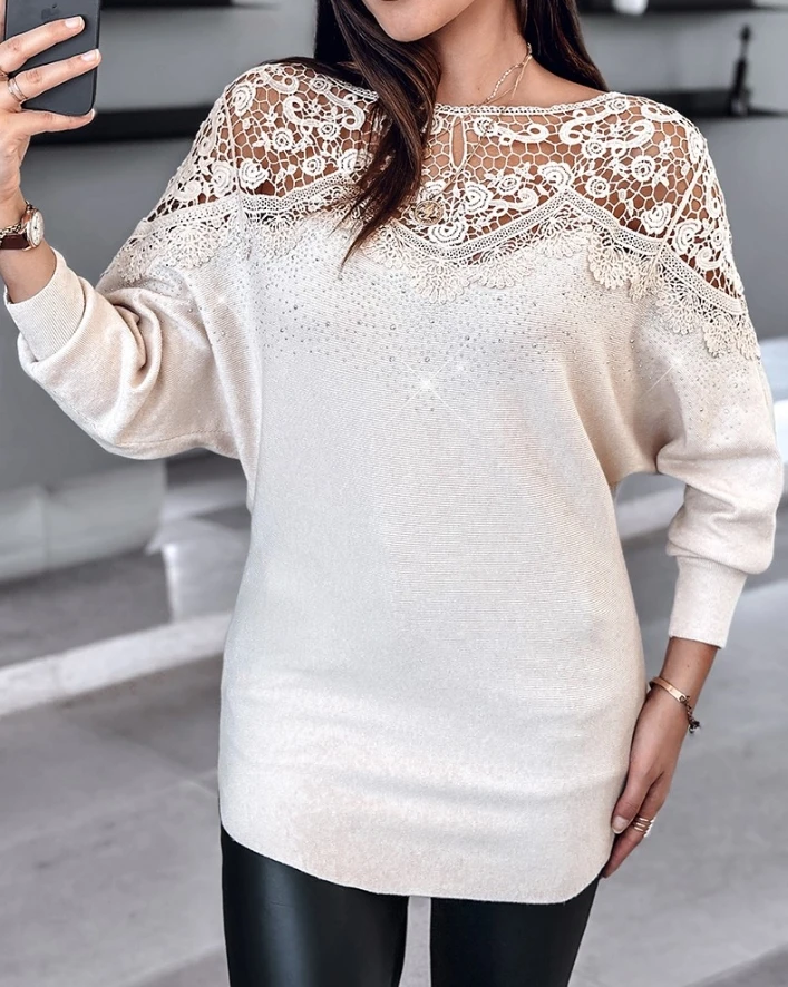 Sexy Elegant New Fashion 2024 Autumn Winter Casual T-Shirt Pullover Tops Batwing Sleeve Lace Patch Rhinestone Decor Sweater