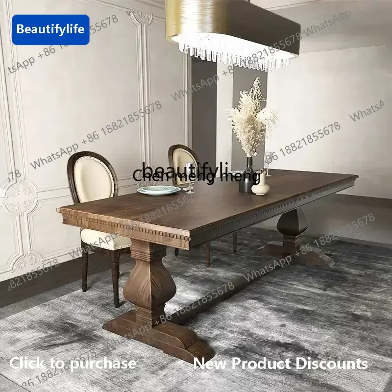 

183F American country solid wood dining table and chairs European log large board table rectangular retro medieval conference ta