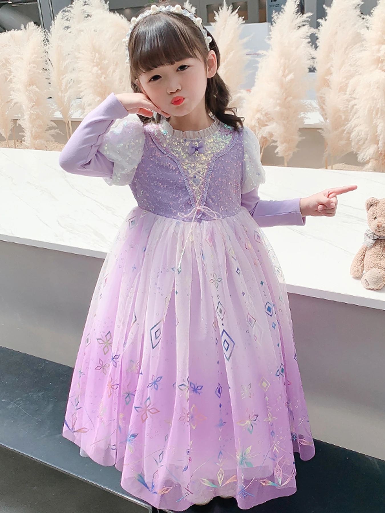 Hot sale new style girls princess dress, round neck, long sleeves, sequins, floral mesh dress, stage performance, party, banquet