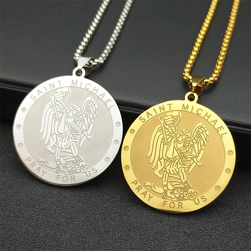 Collar con medalla de Arcángel de San Miguel, oración por nosotros, para mujeres y hombres, cadena de escudo de San Miguel de acero inoxidable, joyería colar NZZZ690