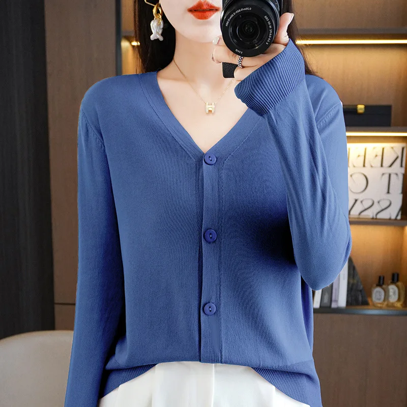 Summer 2023 New Korean Version Thin Solid V-Neck Ice Silk Knitted Long Sleeve Sunscreen Cardigan Fashion V-Neck Top for Women