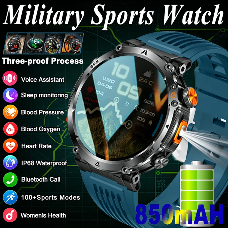 

2026 New GPS SmartWatch 1.7-inch HD Display Heart Rate LED Flashlight Military outdoor Bluetooth Call Waterproof Smart Watch Men