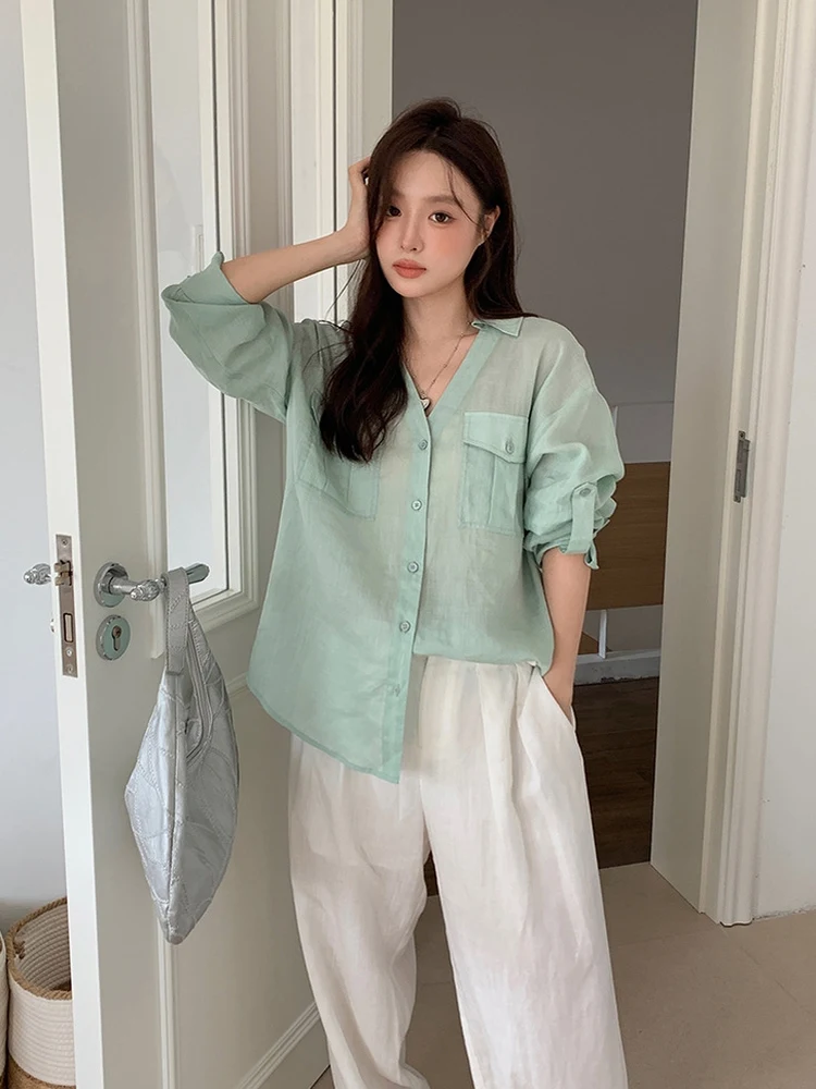 

Linen Long Sve V-Ne irt Women Summer Thin Loose Sun Protection Top Breathable Casual Busin Office Wear