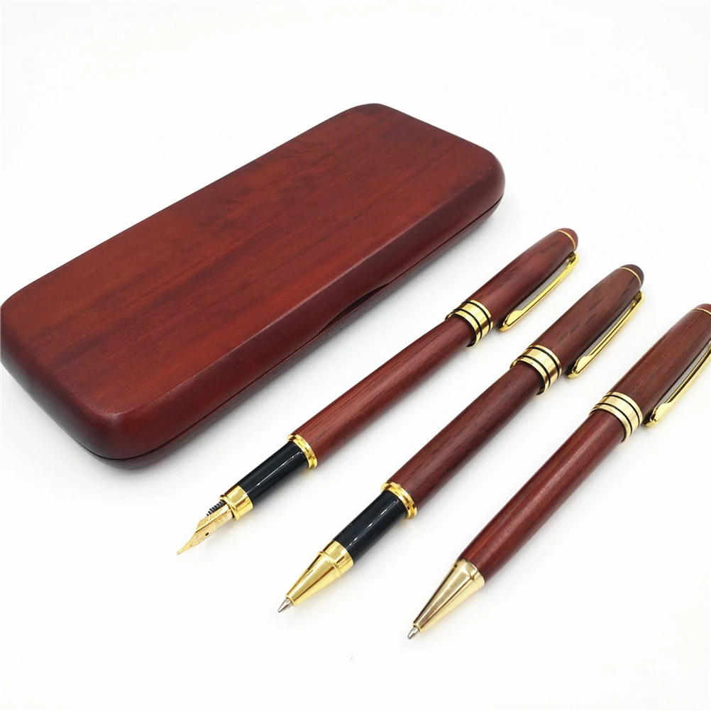 

3pcs Wooden Pens Set With Gift Case Ballpoint Fountain Gel Pen Smooth Writing Anniversary Birthday Gift For Teachers Fathers