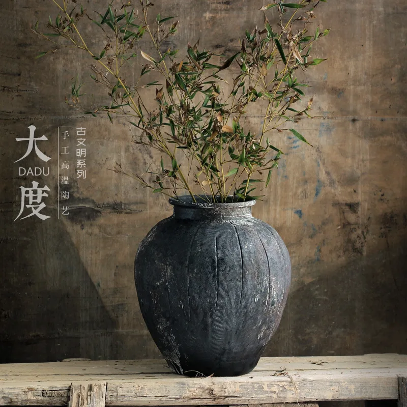 Wabi-sabi style ornament ceramic vase vintage rough earthenware pot countertop planter indoor B&B home flower decorations