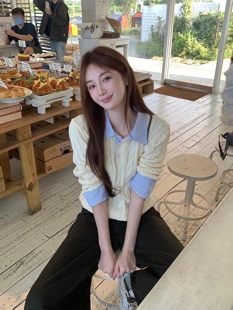 Dolce maglione con giunture a righe a pois da donna autunno inverno morbido grassoccio lungo colletto Sve maglieria mattutini campana Ev...