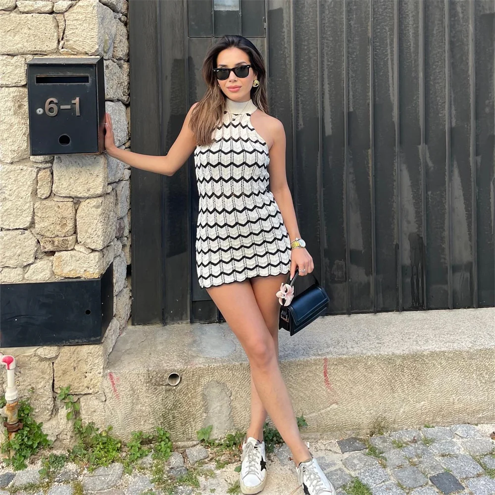 Summer European and American Style Women's Casual Striped High Necked Sleeveless Knitted Vest Dress Temperament Slim Fit Skirt