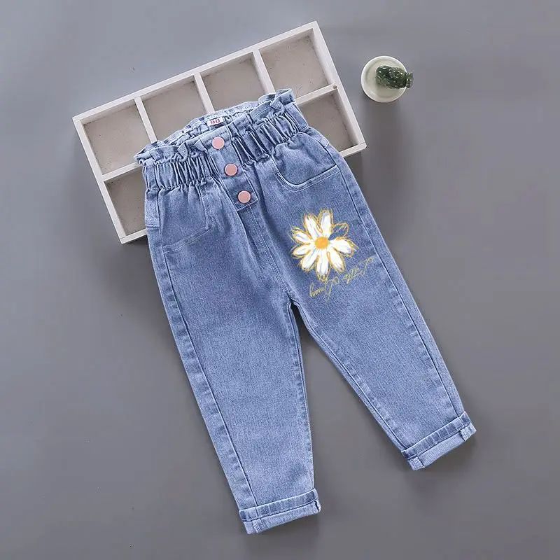 Spring Autumn New Girls High Waist Jeans Trousers Cotton Casual Baby Feet Pants Teenager Denim Boys Clothes