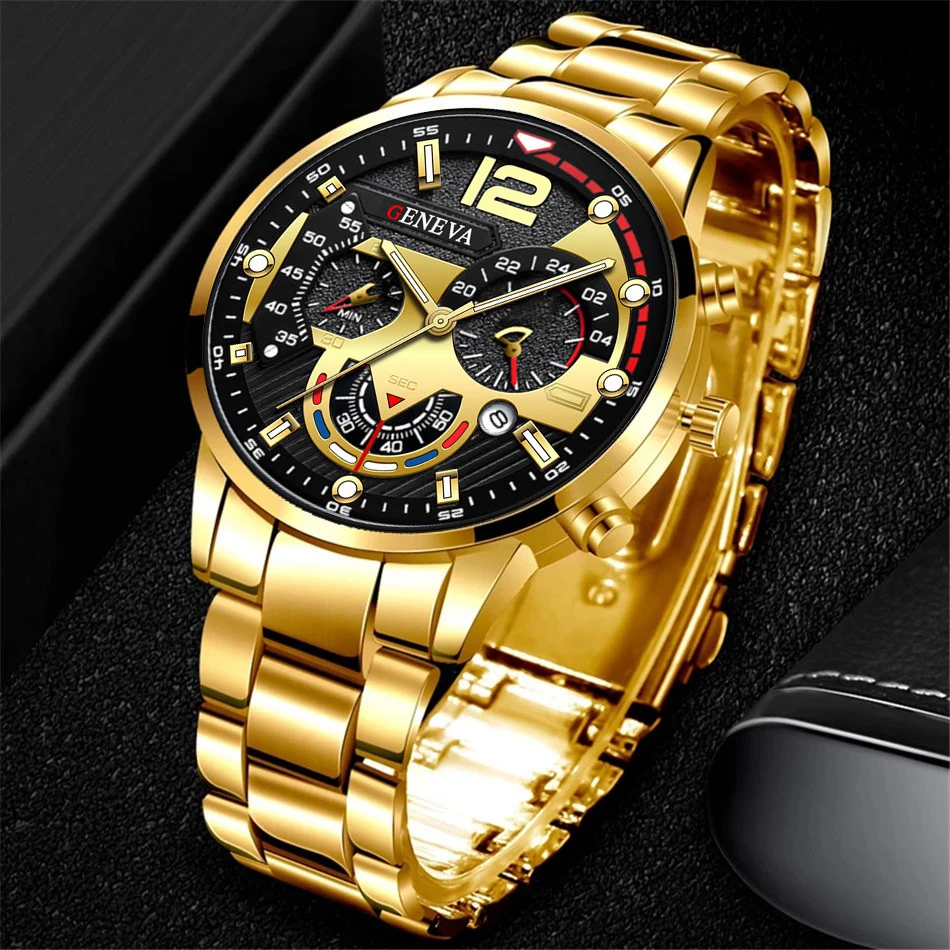 Fashion Men\'s Watches Stainless Steel Band Analog Quartz Wristwatch with Calendar