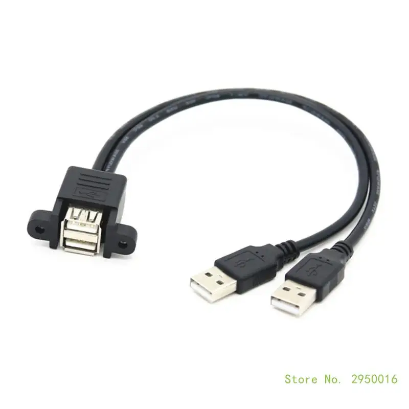 Dual Port USB 2.0 A Male to Female Extension Cable With Panel Mount Screw Holes, 30mm Spacing