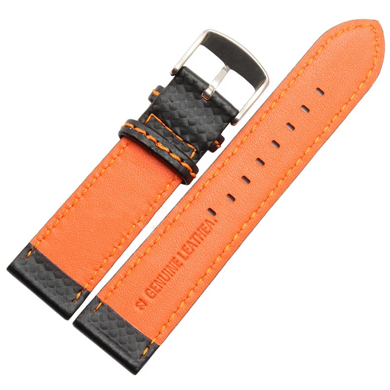 18mm 20mm 22mm 24mm Black Red Orange Stitching Carbon Fiber Leather Watch Band with Steel Clasp Strap Sports Watchband