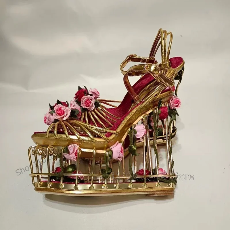 Sandalias de plataforma huecas con tacón de jaula de pájaros dorados con decoración de flores, Zapatos de Mujer con correa y hebilla en el tobillo, Zapatos de moda Para banquete 2025