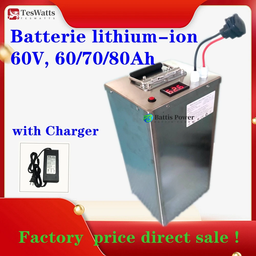 Batterie lithium-ion 60V, 60/70/80Ah, avec chargeur 10A, pour système solaire, véhicule de secours, véhicule électrique, tri