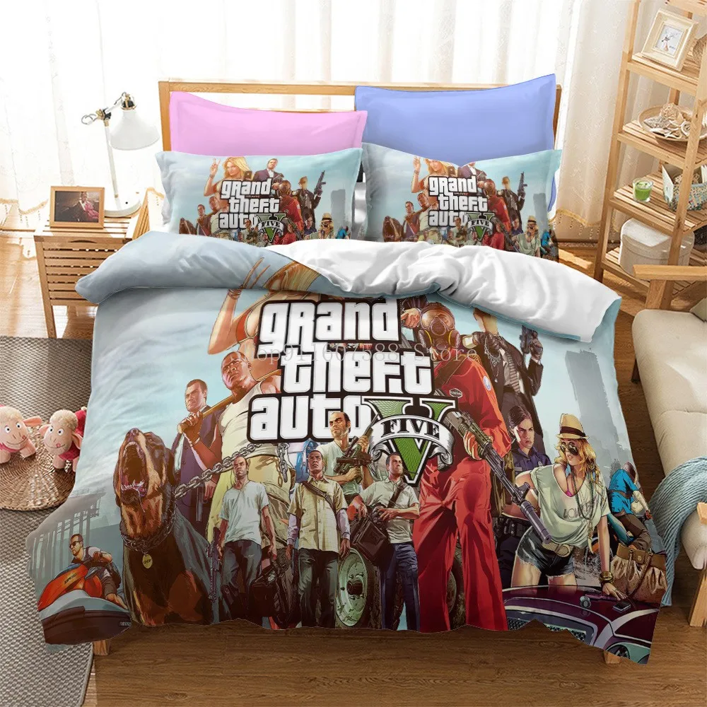 Video Game GTA V Bedding Set 3D Prints Duvet Covers Grand Theft Auto 5 Comforter Bed Cover Set Home Bedspread Full Size Bedding