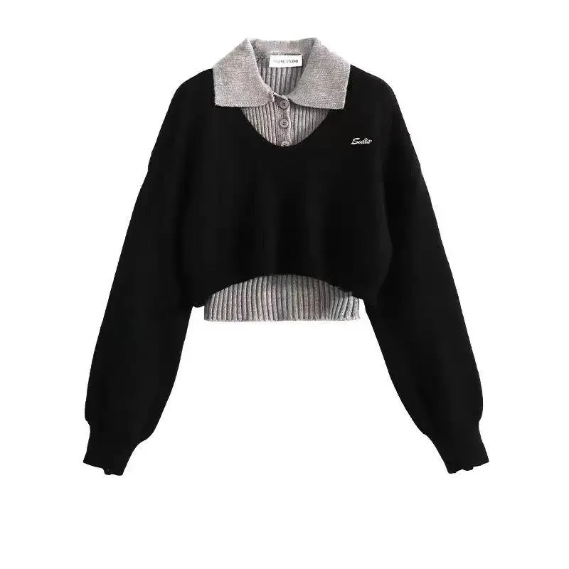 Fashion Women Short Sweater Women's Autumn Winter Wear Two-Piece Set Knitted Sweater And Vest Top outfit knitted Pullover Shirt
