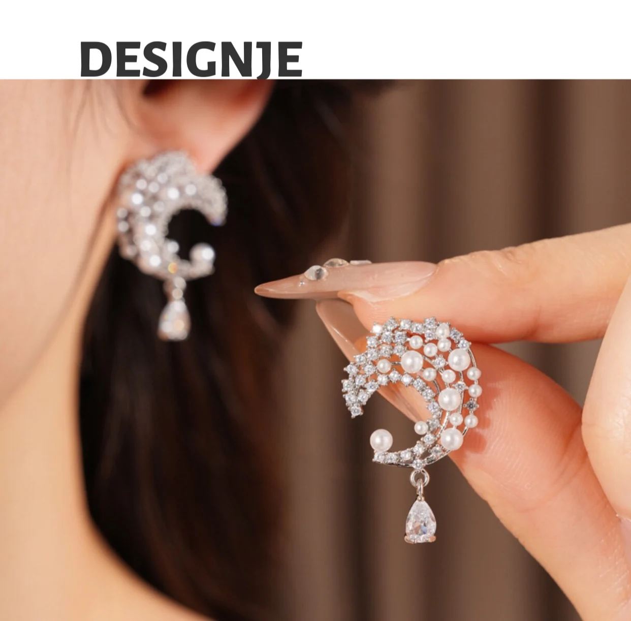 

[Special] Cold wind silver needle zircon pearl water drop earrings, fashionable retro, exquisite, versatile, earring, luxurious