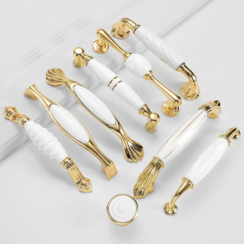 European Style Handle, Gold Ceramic Drawer, Single Hole Cabinet, Wardrobe Handle, Zinc Alloy Cabinet Door Handles for Furniture