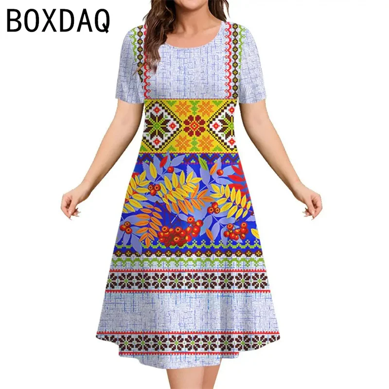 Women Vintage Colorful Floral Print Dress Summer Big Size Short Sleeve O-Neck Casual A-Line Dress Oversized Ethnic Midi Dresses