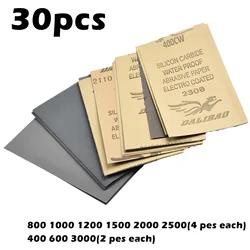 Papier de Verre Sec pour Meulage et Polissage, 30 Pièces, Grain 400 600 3000 800 1000 1200 1500 2500